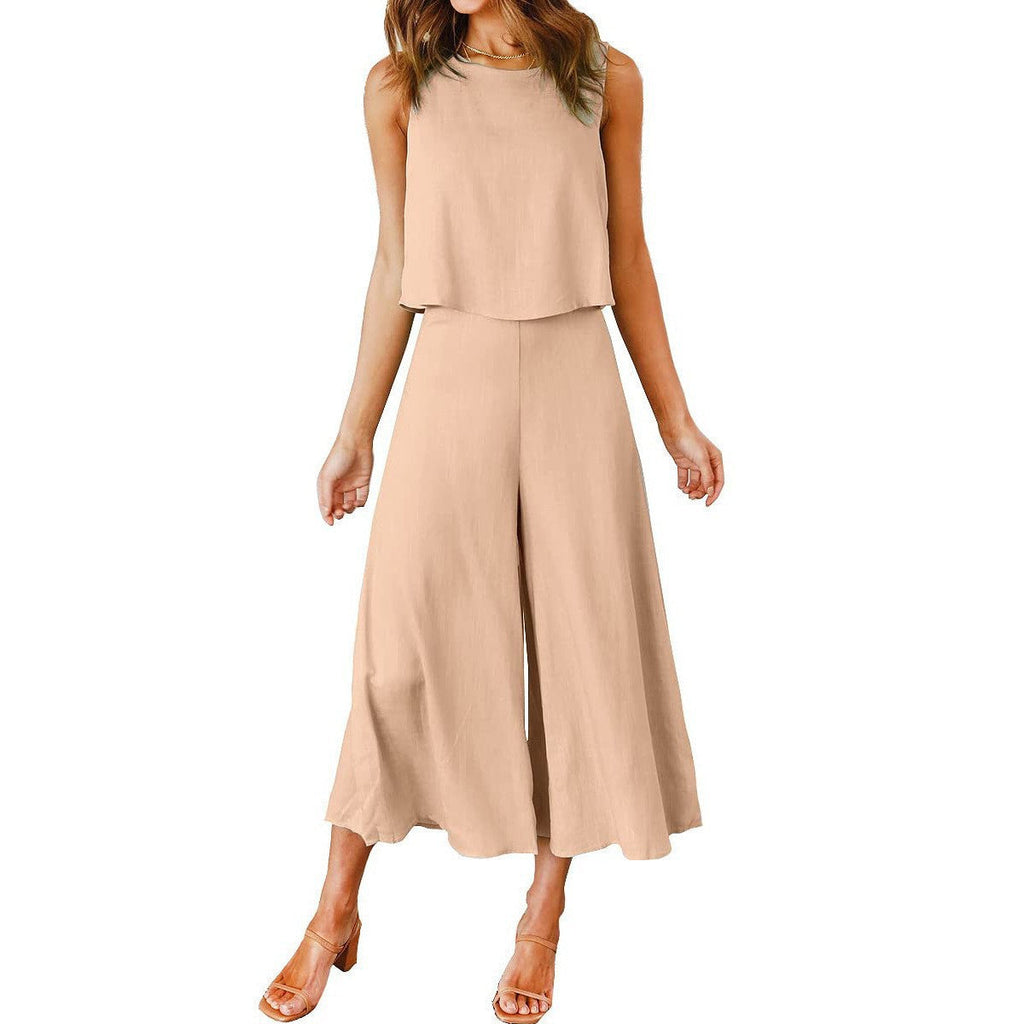Women's Airy Two-Piece Set with Sleeveless Top and Flowy Wide-Leg Pants