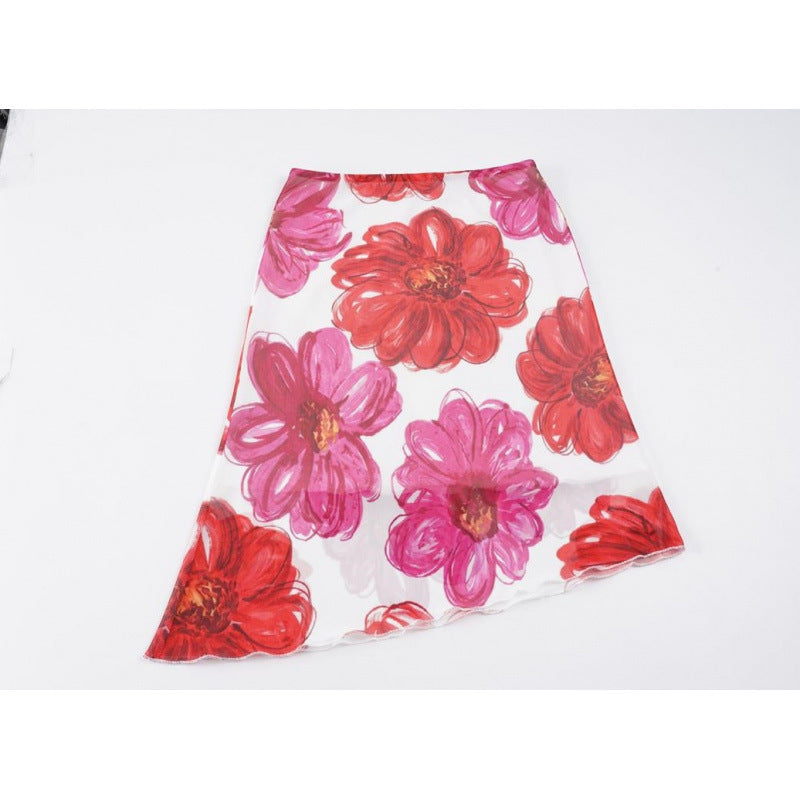 Women's Floral Maxi Skirt with Asymmetrical Hem and Elastic Waistband