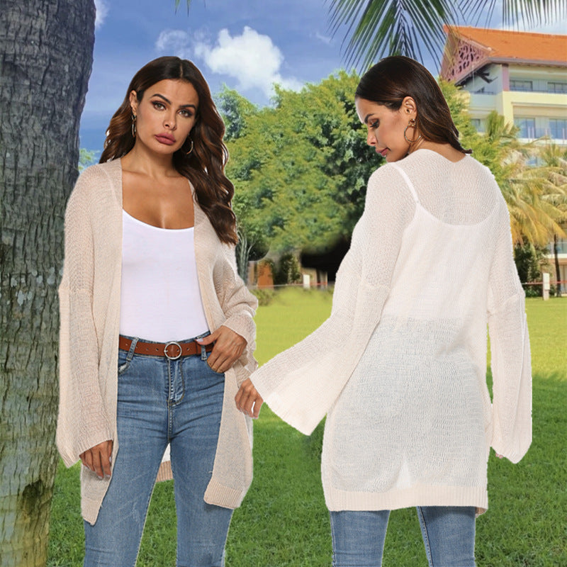 Long Knit Cardigan with Casual Cut and Wide Sleeves