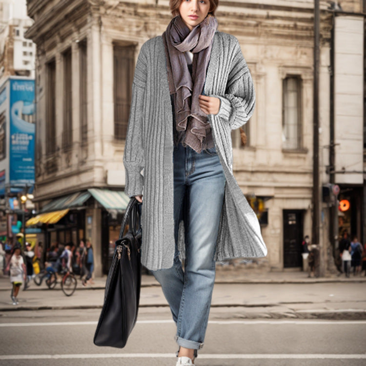 Women's Long Knit Coat with Casual Fit and Ribbed Design