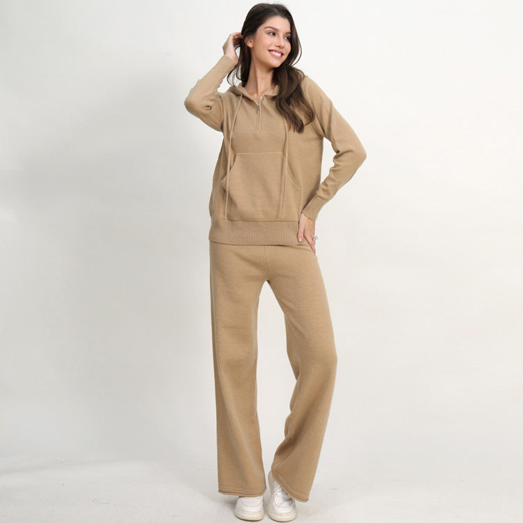 Women's Casual Knit Loungewear Set with Hood and Wide Leg