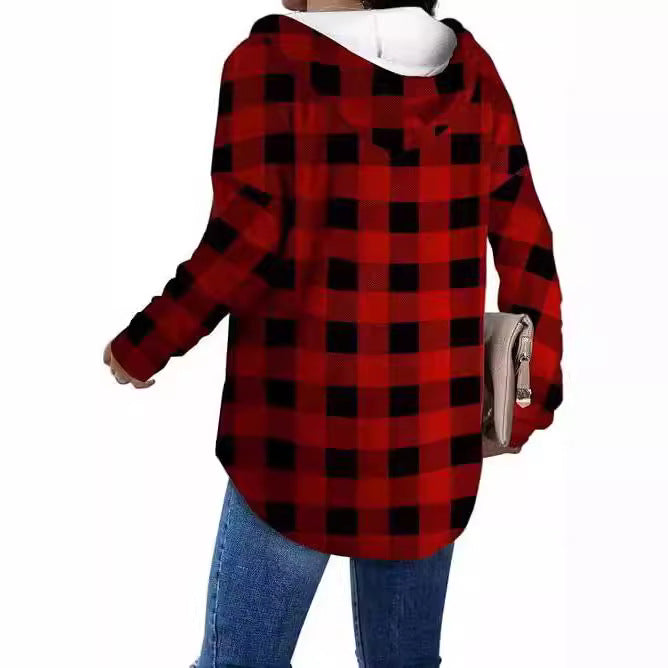 Casual Plaid Blouse with Hood