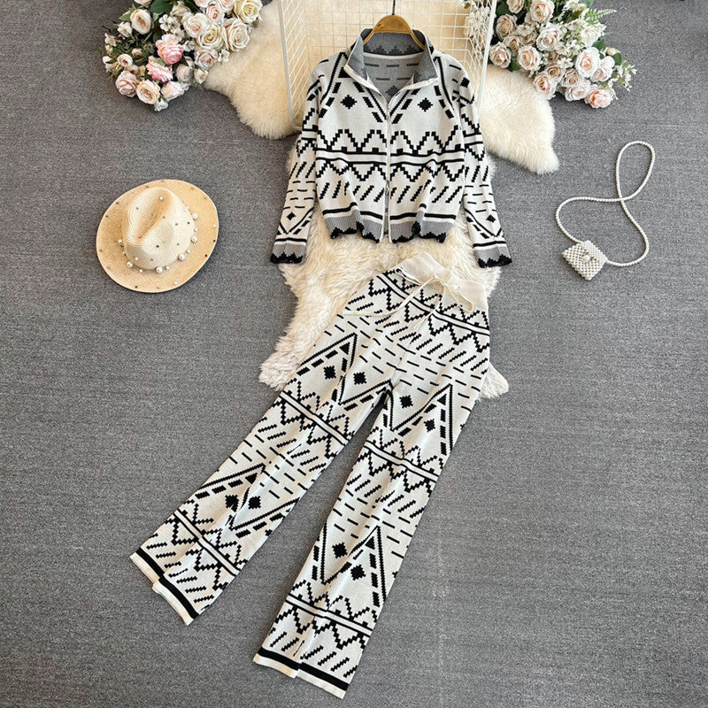 Women's Fashionable Knit Suit with Geometric Patterns