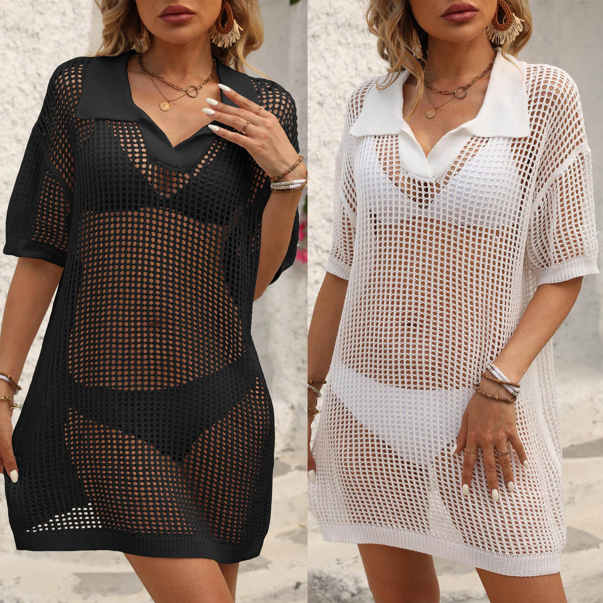 Women's Airy Mesh Beach Cover-Up with Polo Collar