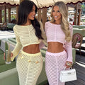 Women's Elegant Crocheted Set with Long-Sleeve Crop Top and Figure-Hugging Skirt