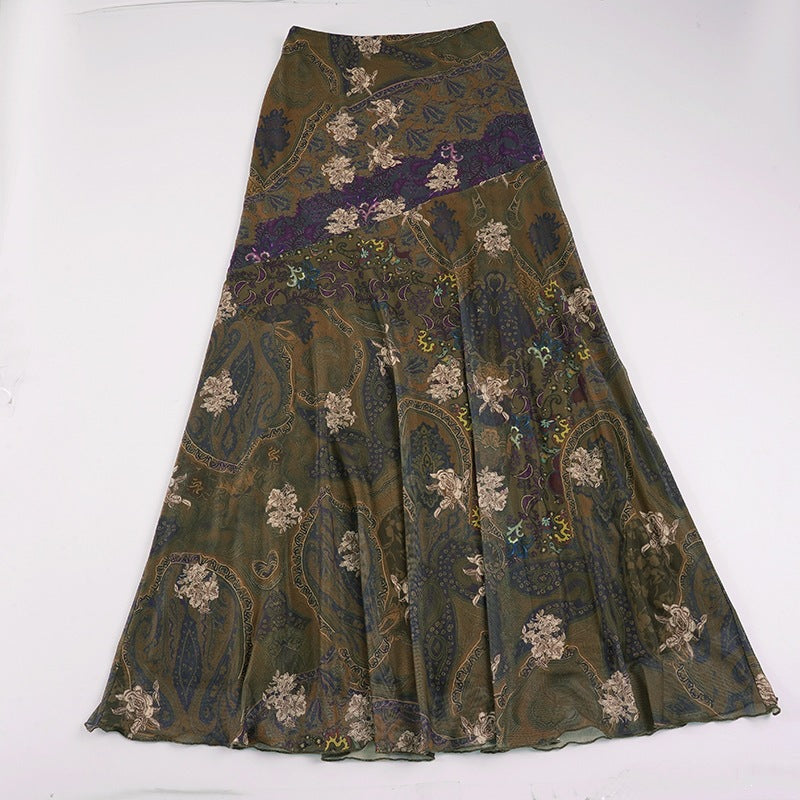 Women's Long Vintage-Style Floral Skirt with Flowing Cut