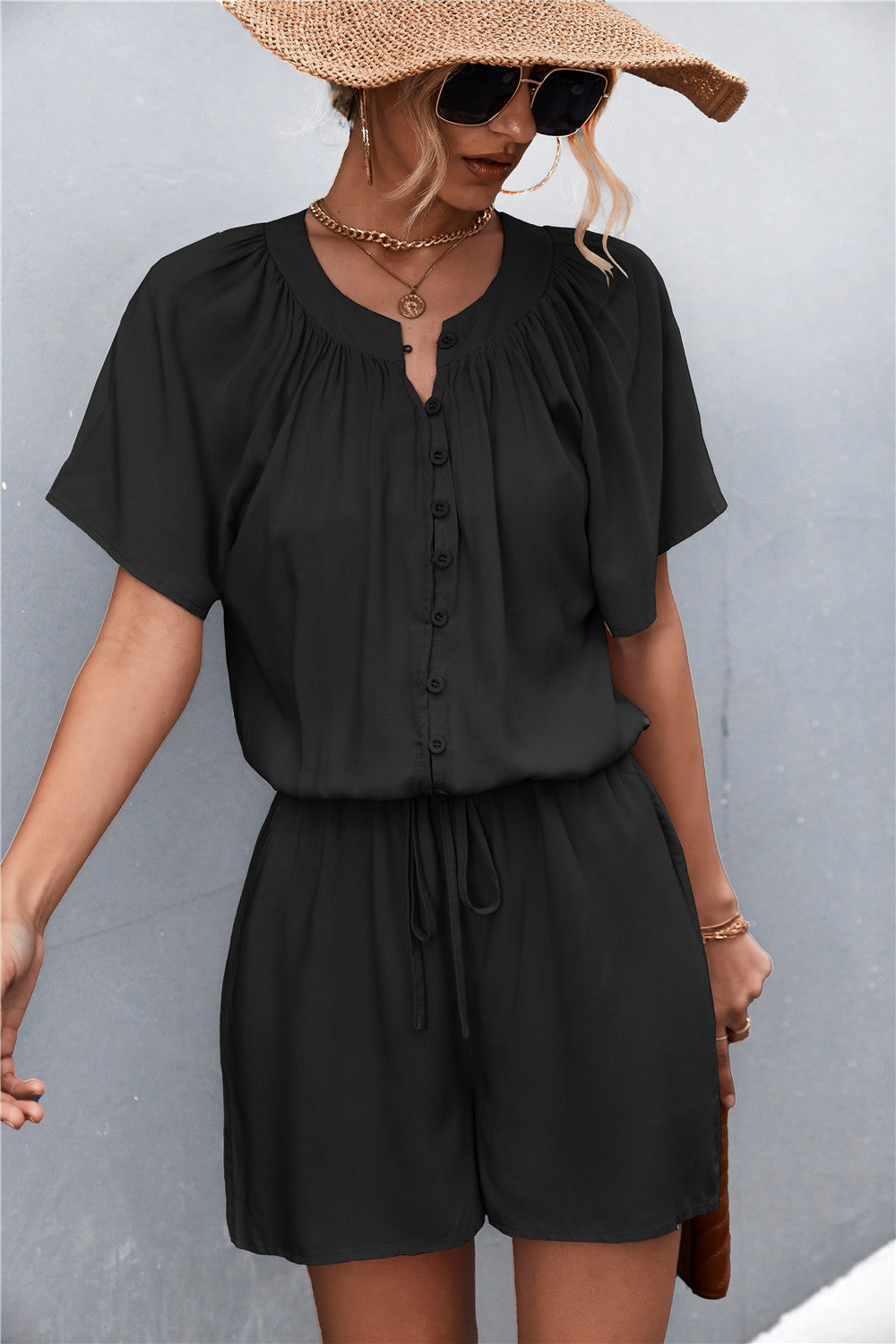 Women's Jumpsuit with Elastic Waist and Button Front