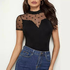 Women's Bodysuit with Sheer Polka Dots and High Neck