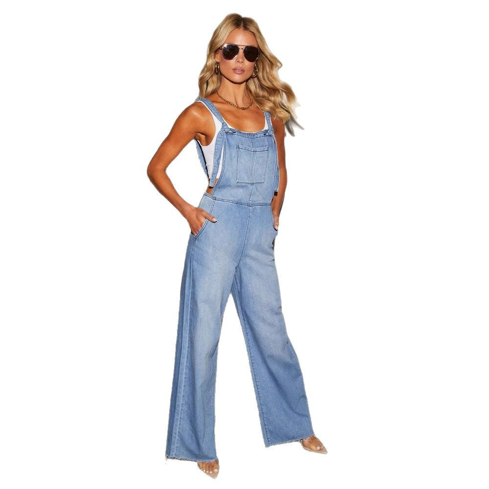 Women's Casual Denim Overalls with Wide Leg and Adjustable Straps