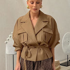 Women's Elegant Utility Jacket with Waist Belt and Practical Pockets