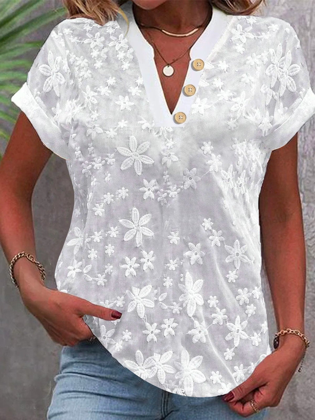 Women's Blouse with Floral Embroidery and Classic V-Neck