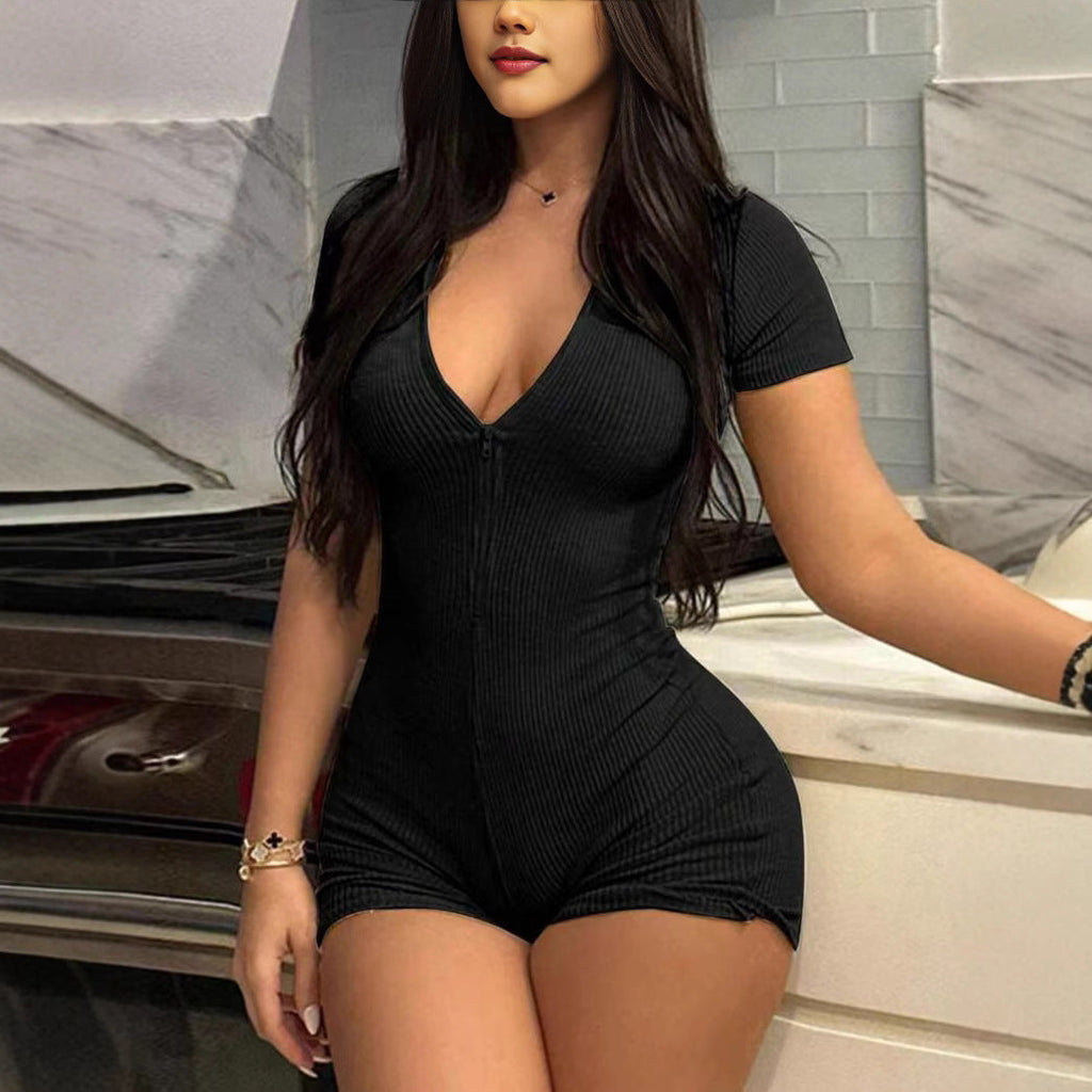 Women's Form-Fitting Short Jumpsuit with V-Neck and Zipper
