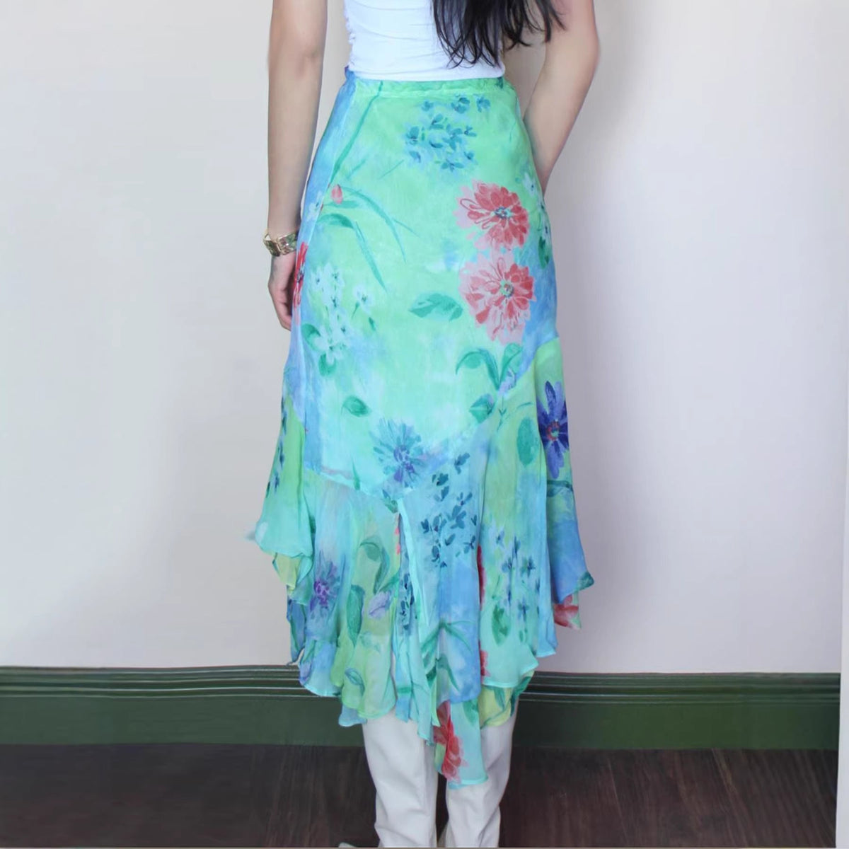 Women's Asymmetrical Floral Chiffon Ruffle Skirt