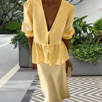 Women's Deep V-Neck Blouse with Ruffle Details