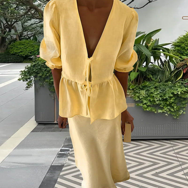 Women's Deep V-Neck Blouse with Ruffle Details
