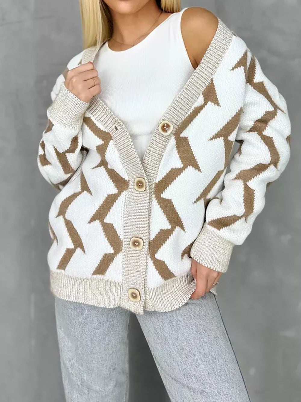 Women's Cozy Knit Cardigan with Modern Lightning Design and Button Closure