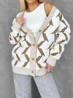 Women's Cozy Knit Cardigan with Modern Lightning Design and Button Closure