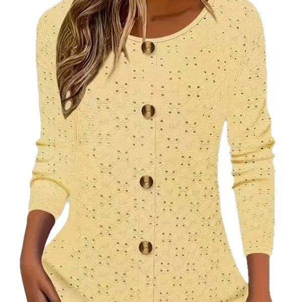 Women's Long-Sleeve Blouse with Decorative Buttons and Delicate Eyelet Pattern