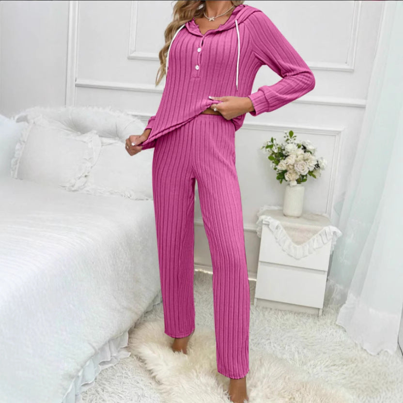 Women's Cozy Knit Set with Hood and Button Placket
