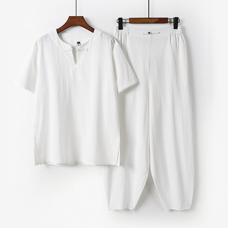 Men's Two-Piece Set with Short Sleeve Stand Collar Shirt and Elastic Harem Pants