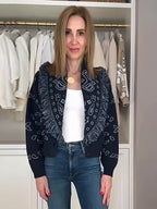 Women's Knit Cardigan with Fringed Details and Geometric Pattern