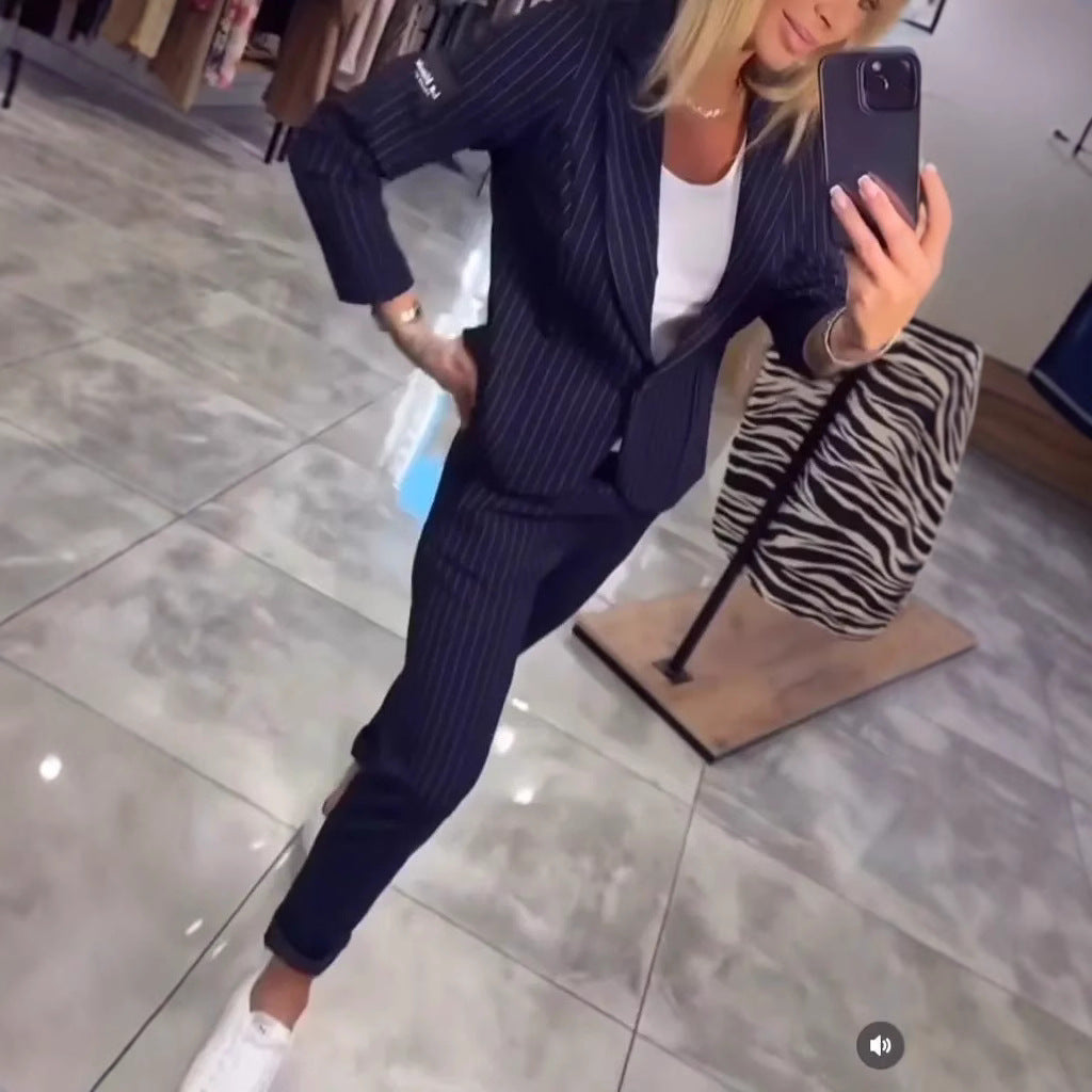 Women's Elegant Pinstripe Blazer and Trouser Set