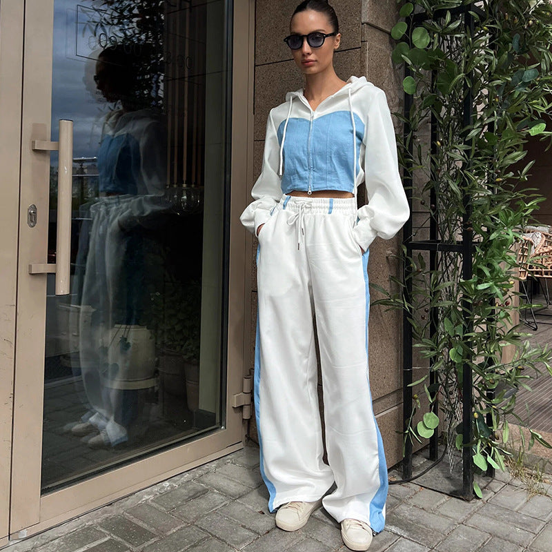 Women's Casual Two-Piece Leisure Set with Hoodie and Wide-Leg Pants