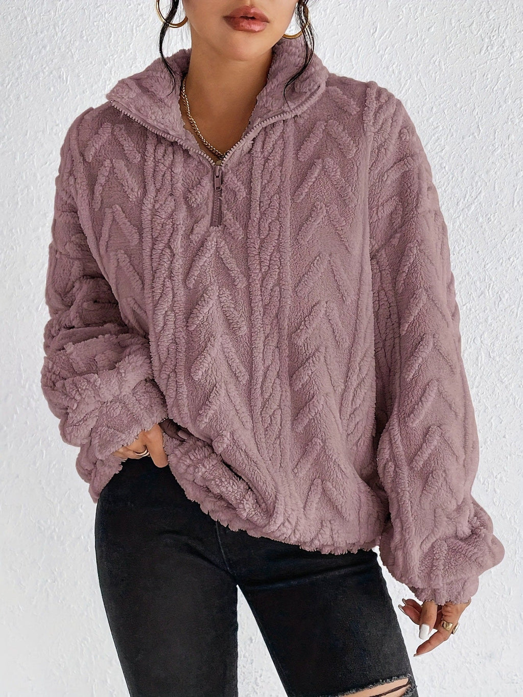 Women's Fluffy Oversized Zip-Up Pullover with Ribbed Texture