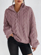 Women's Fluffy Oversized Zip-Up Pullover with Ribbed Texture