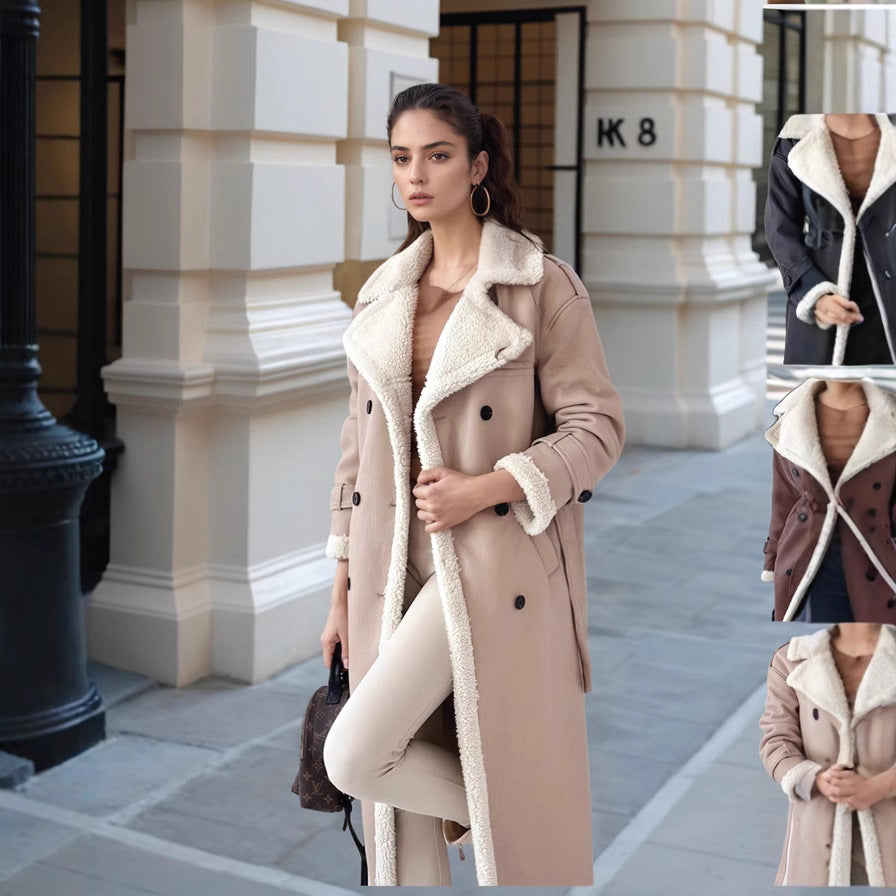 Women's Elegant Transitional Coat with Teddy Lining and Double-Breasted Placket