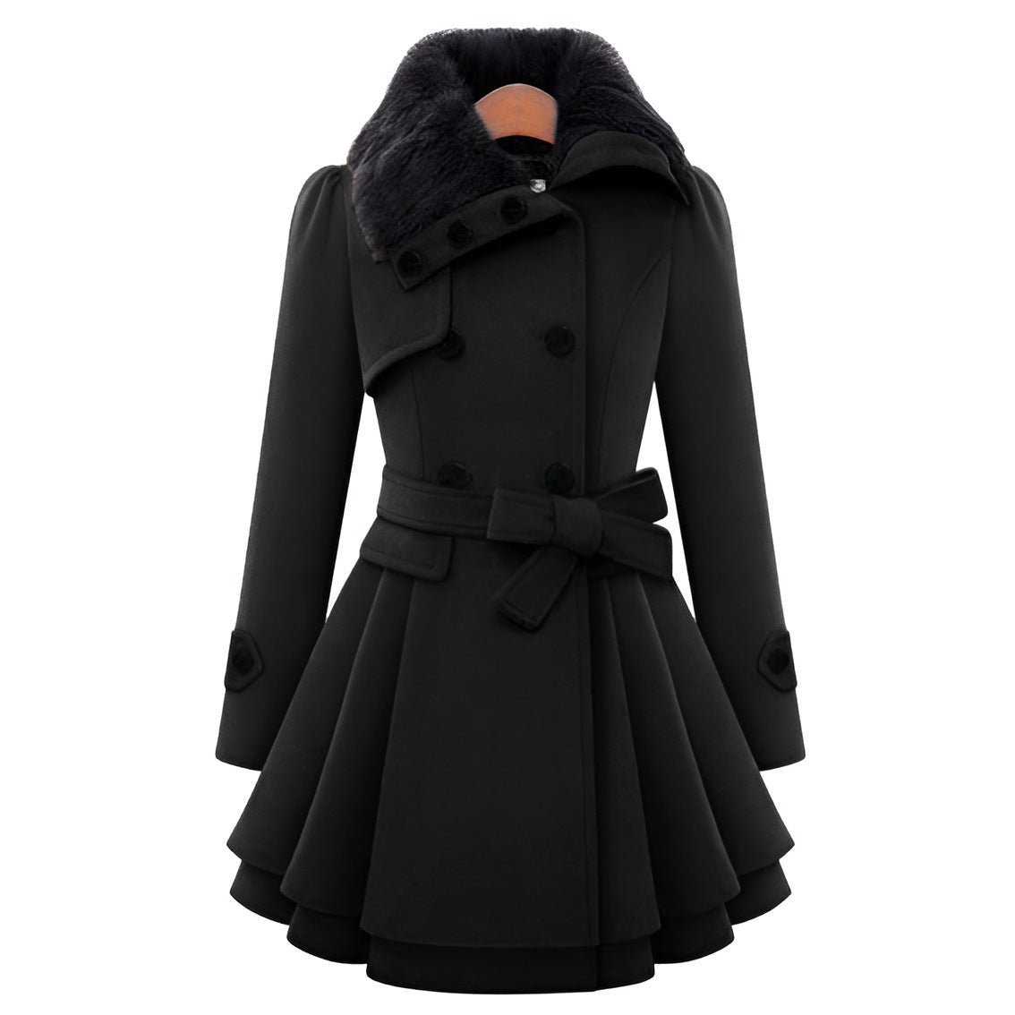 Women's Elegant Trench Coat with Detachable Faux Fur Collar and Waist Belt