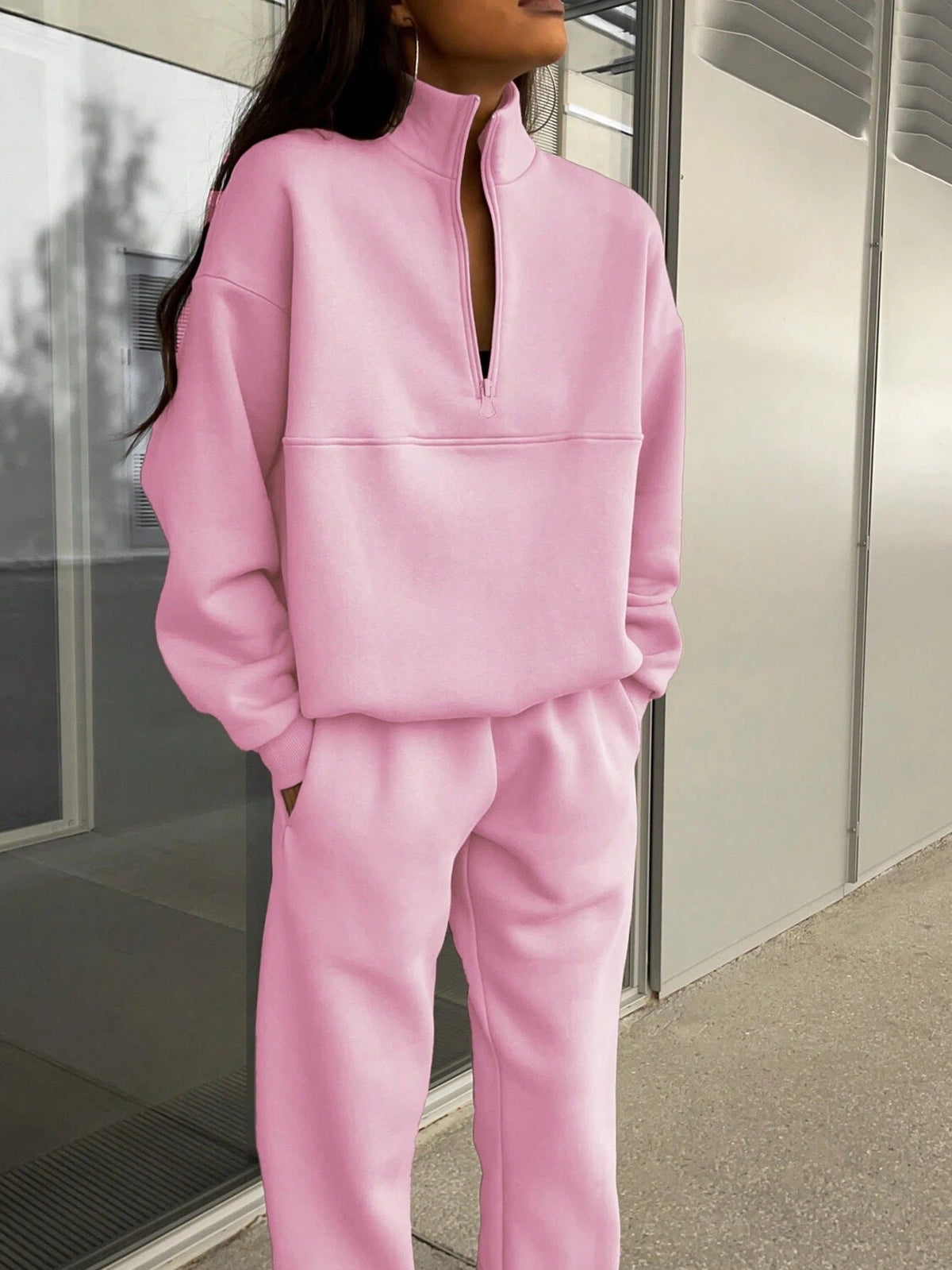 Women's Casual Tracksuit with High Collar and Half-Zip
