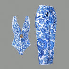 Women's Swimsuit with Feminine Wrap Skirt and Elegant Jewelry Detail
