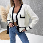 Women's Elegant Cardigan with Pearl Buttons and Contrast Details