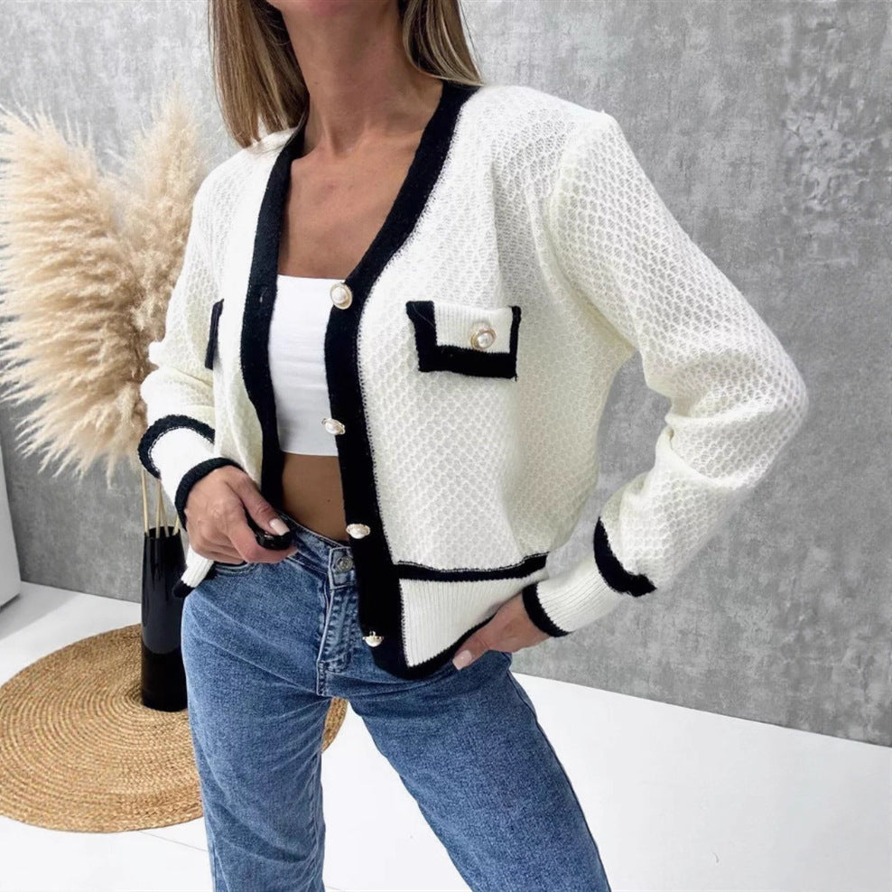 Women's Elegant Cardigan with Pearl Buttons and Contrast Details