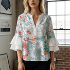 Women's Floral Top with Voluminous Ruffled Sleeves
