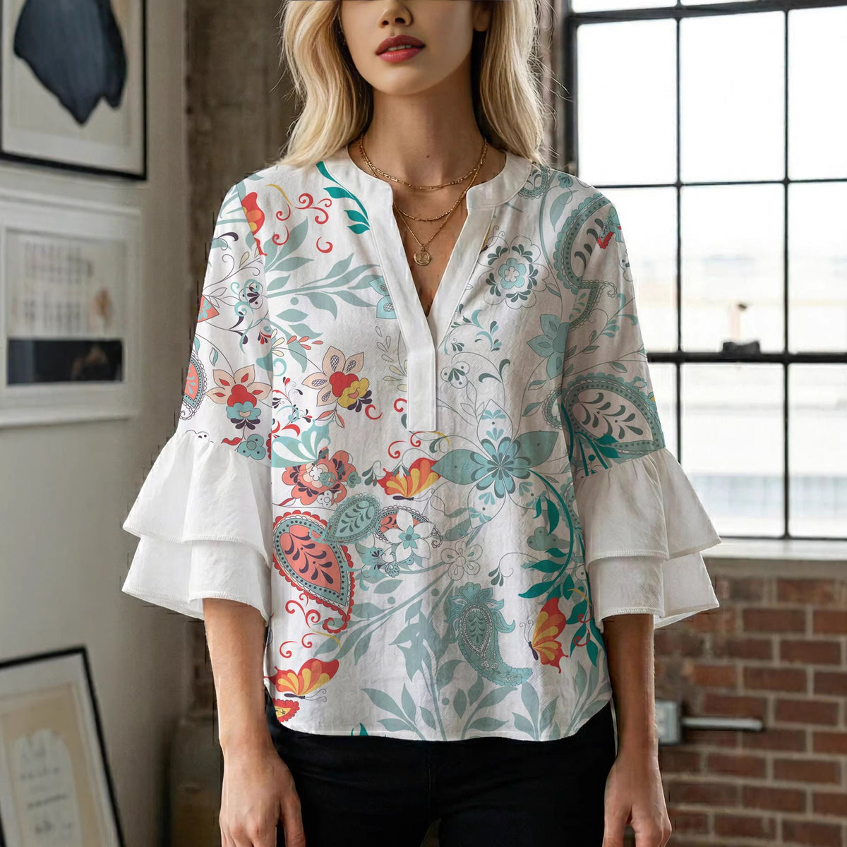 Women's Floral Top with Voluminous Ruffled Sleeves