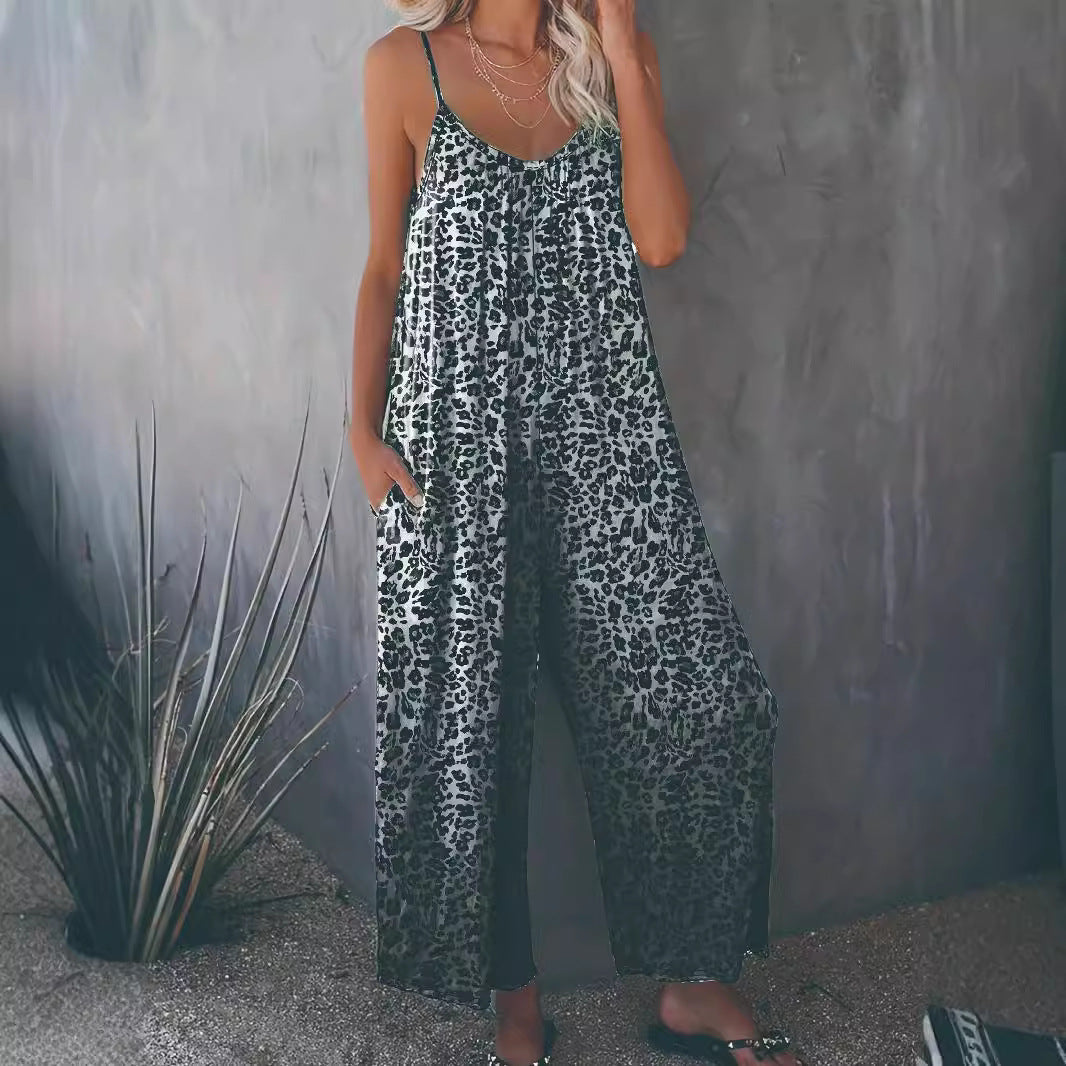 Women's Loose Jumpsuit with Animal Print and Pockets
