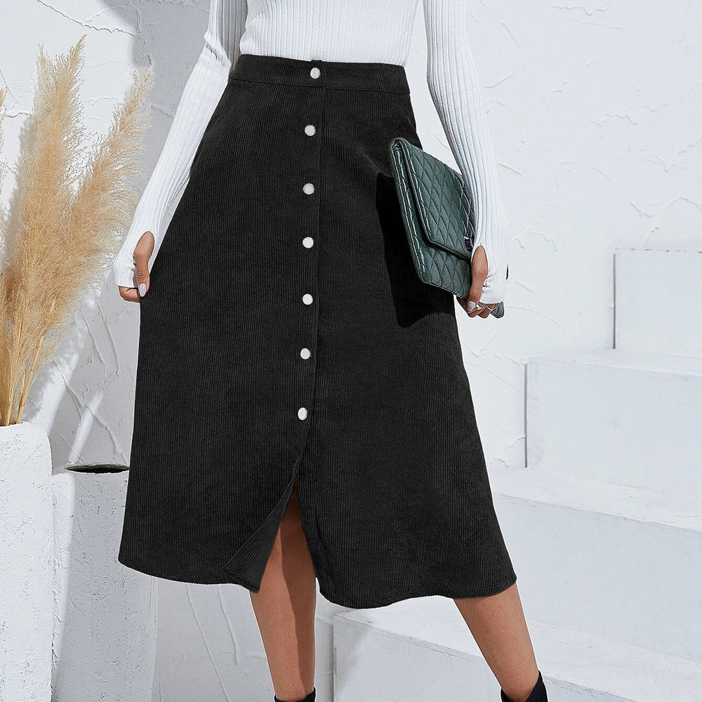 Women's Long Corduroy Skirt with Button Placket