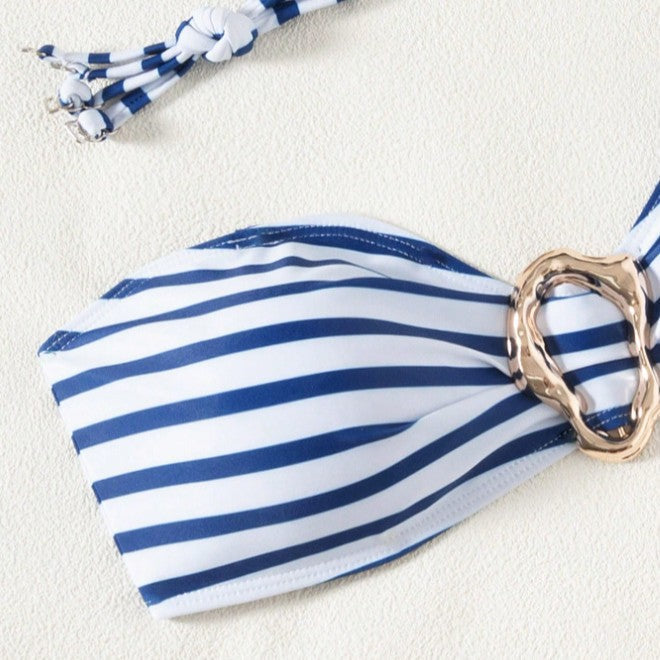 Women's Bandeau Bikini with Striped Pattern and Ring Detail