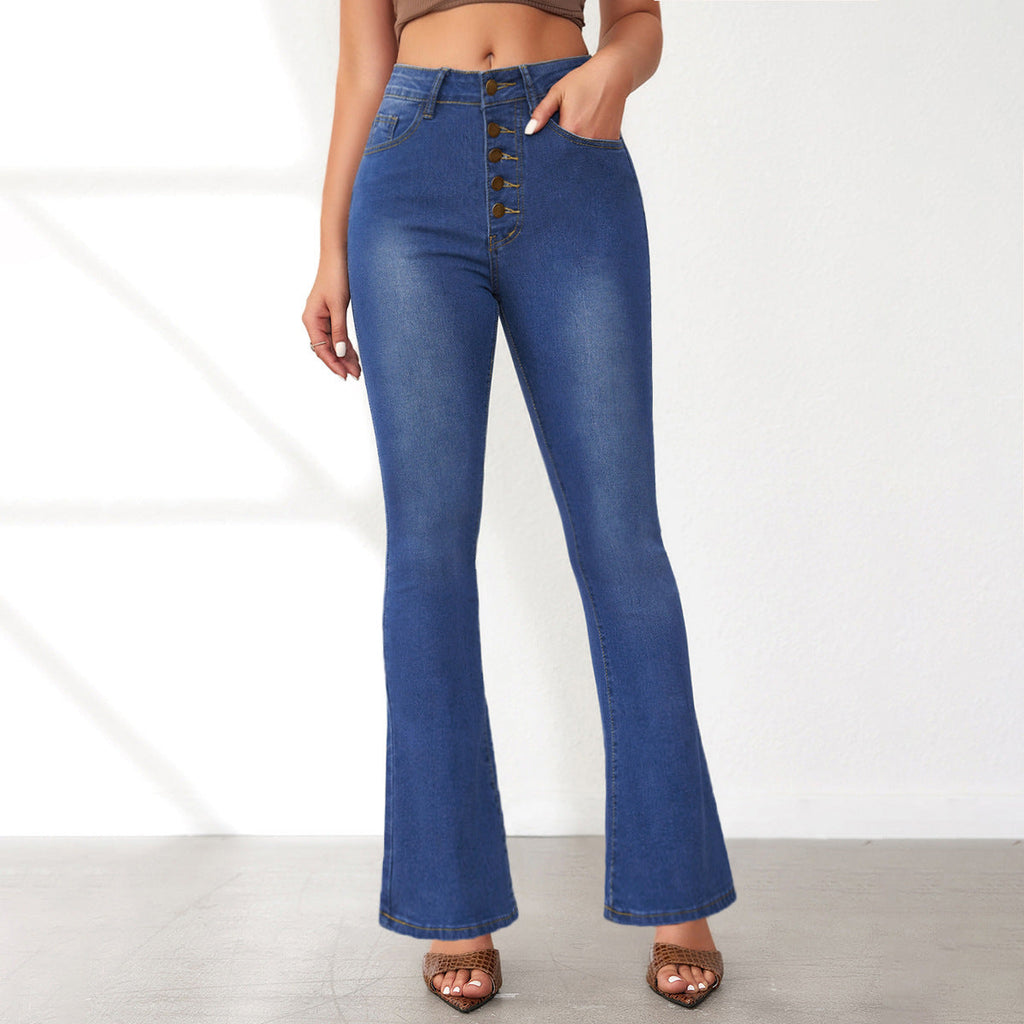 Women's Flared Jeans with High Waist and Button Detail
