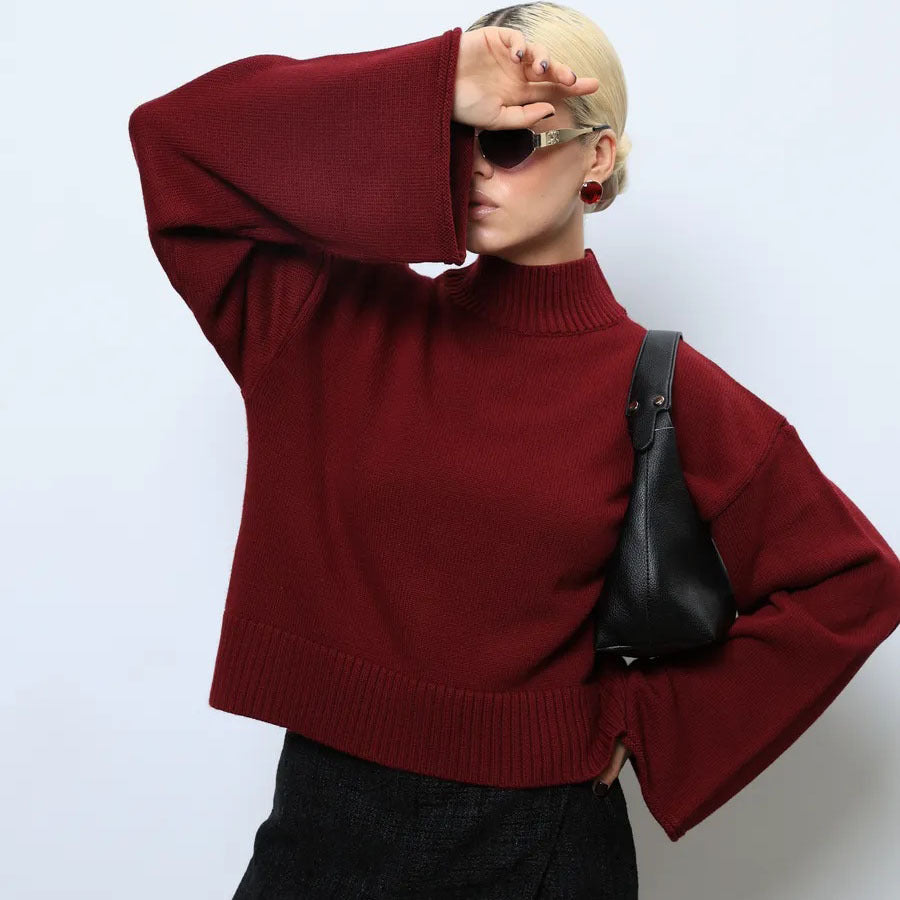 Elegant Oversized Sweater with Wide Cut and Stand-up Collar