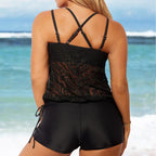 Women's Swim Dress with Ruching and Lace Pattern