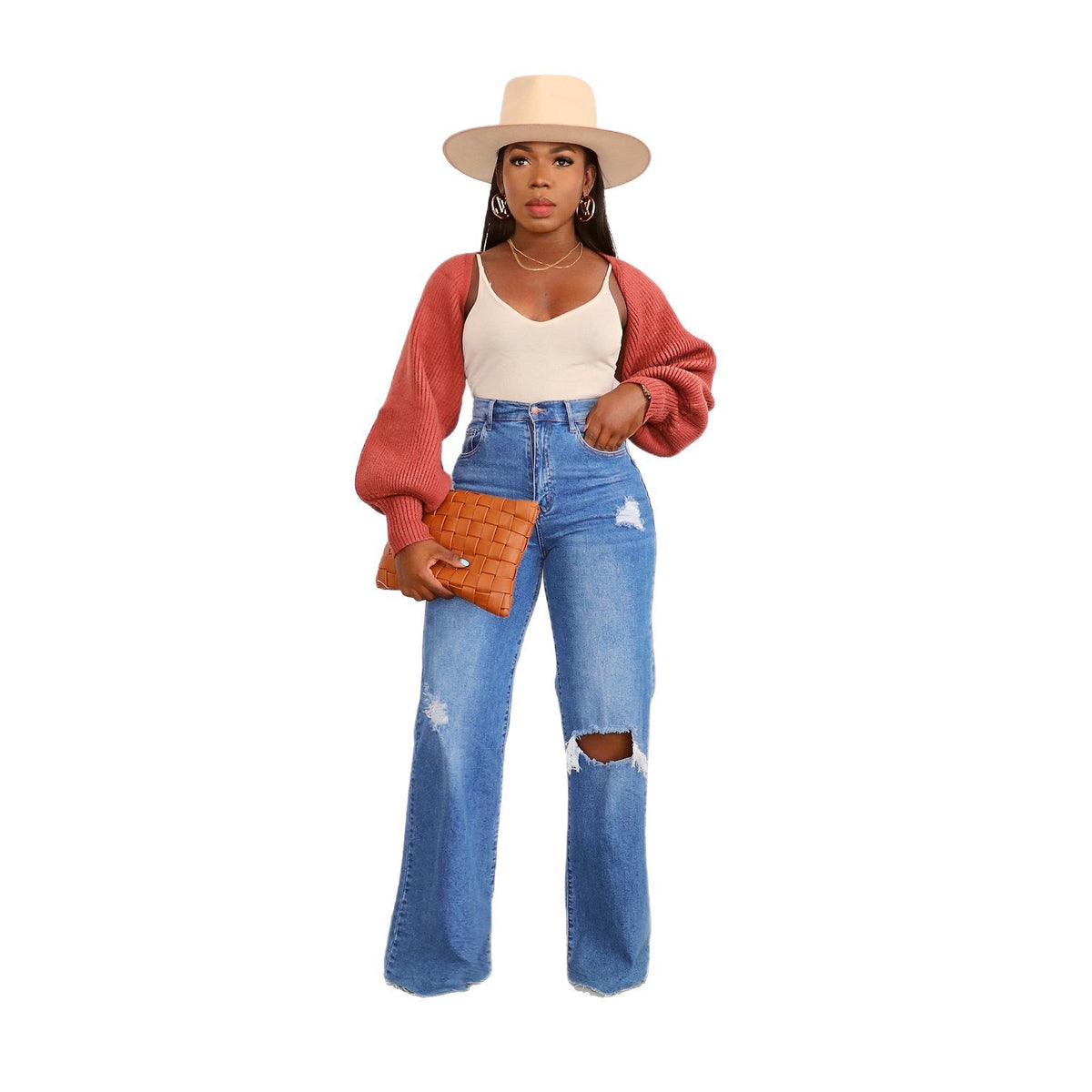 Women's High-Waisted Bootcut Jeans with Distressed Effect