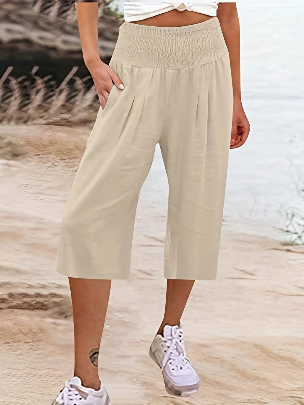 Women's Elegant Culottes with Elastic Waistband and Pockets