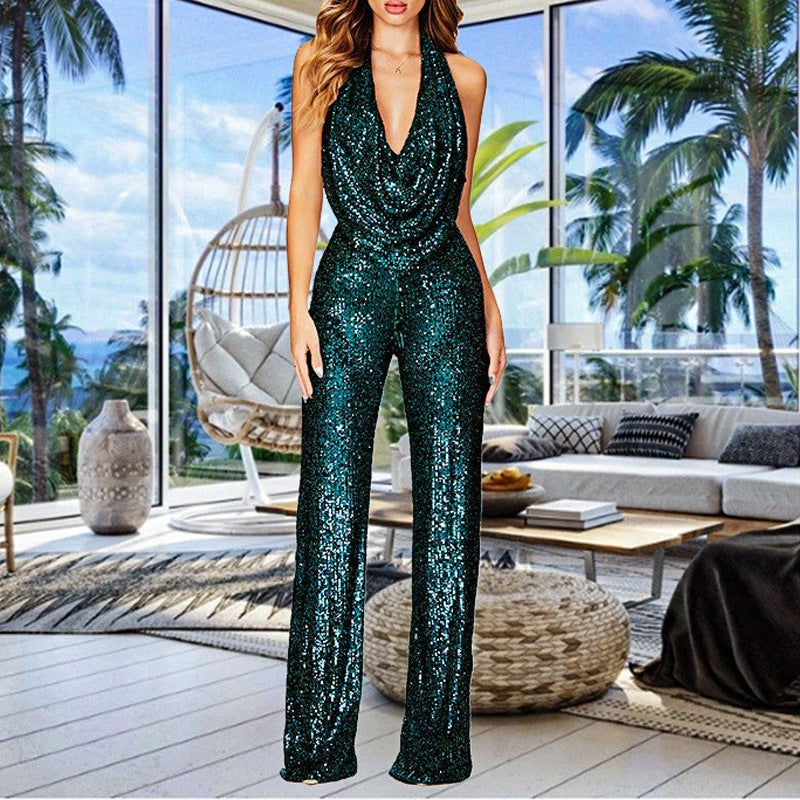Glittering V-Neck Jumpsuit with Wide Legs