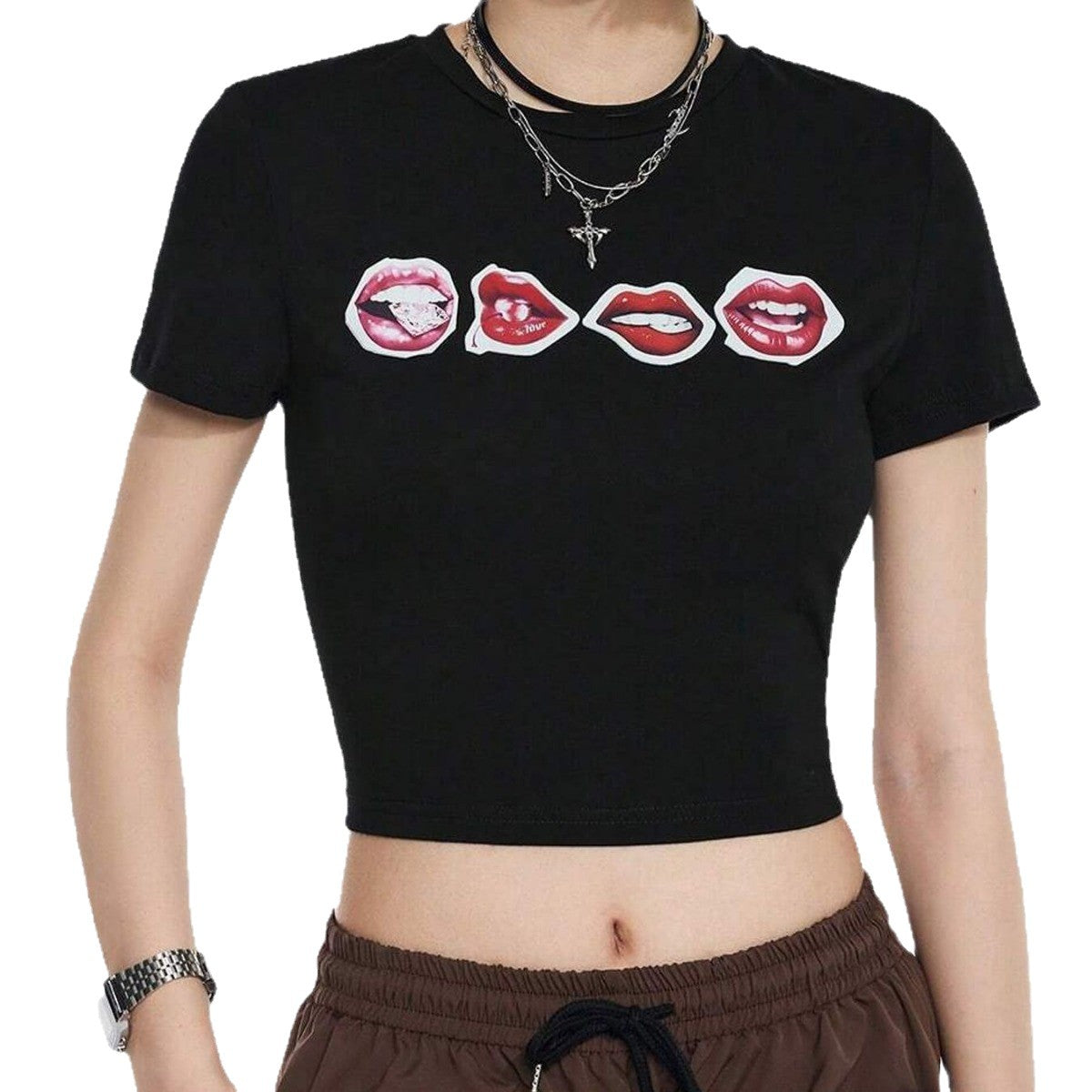 Women's Crop T-Shirt with Creative Lip Print