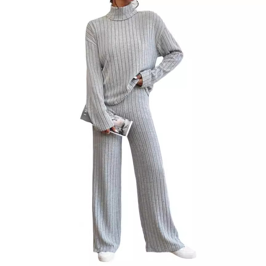 Women's Chunky Knit Two-Piece Set with High Collar and Wide Cut
