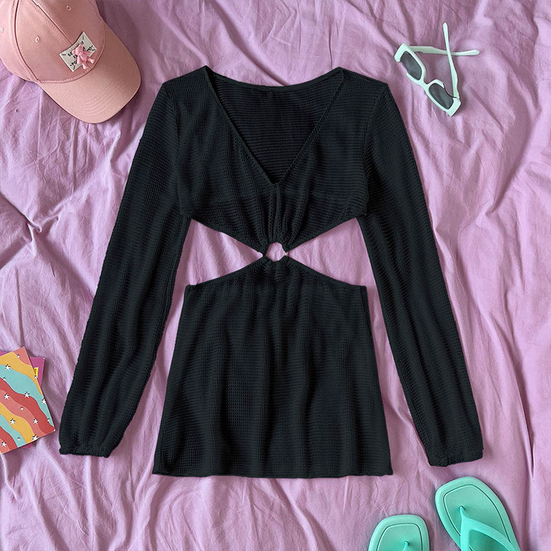 Women's Long-Sleeve Cut-Out Mini Dress with Knot Detail