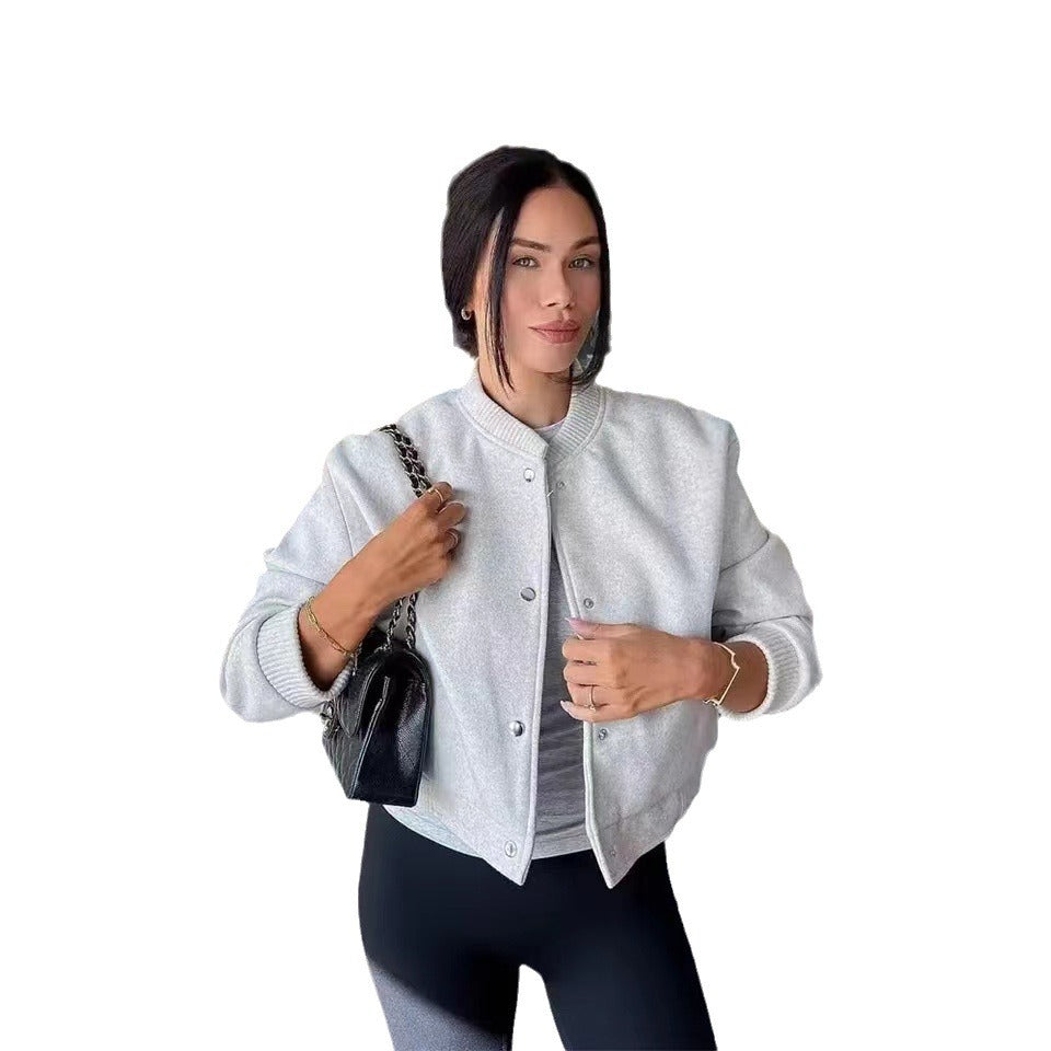 Women's Cropped Jacket with Modern Stand-up Collar and Snap Button Closure